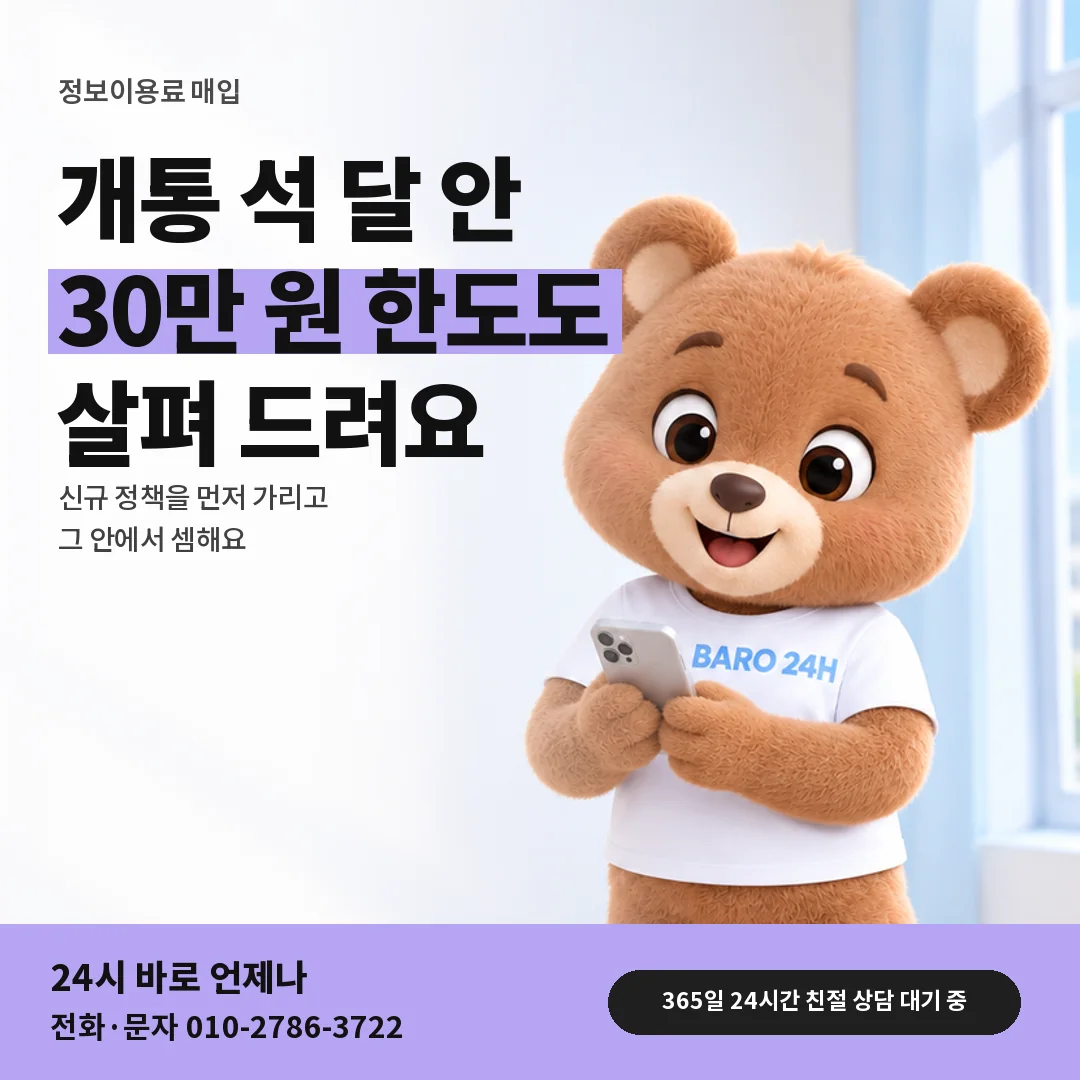 휴대폰을 보며 웃는 BARO 24H 티셔츠를 입은 3D 곰 캐릭터 옆에 「개통 석 달 안 한도」 제목을 얹은 안내 카드